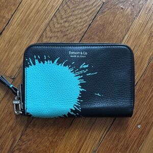 Tiffany & Co. Black and Turquoise Color Splash Zip Leather Wallet
